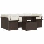 Braunes 7-teiliges vidaXL Garten-Sofa-Set aus Poly Rattan mit Tisch und Kissen.