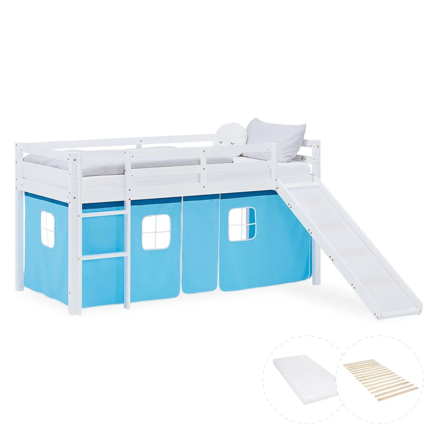 Homestyle4u Hochbett 90x200 Kinder Rutsche Matratze Blau Kinderbett 2998