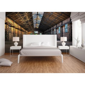 Fototapete Industrial Halle in Grau und Gelb, 3,50x2,55m, im Schlafzimmer.