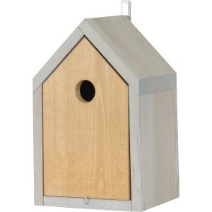 Nistkasten aus Kiefernholz, braune Front, hellgraues Dach und Seitenwände, mit rundem Einflugloch.