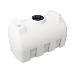 Weißer horizontaler KMND 2000L Trinkwasser Wassertank aus PE mit schwarzem Deckel. Robuster Wasserspeicher für Garten.