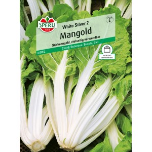 Sperli Mangold White Silver 2 Samenpackung mit weißem Stiel und grünen Blättern.