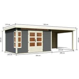 Karibu Holz-Gartenhaus Kastberg, terragrau, mit Flachdach und Anbau. Abmessungen sichtbar.