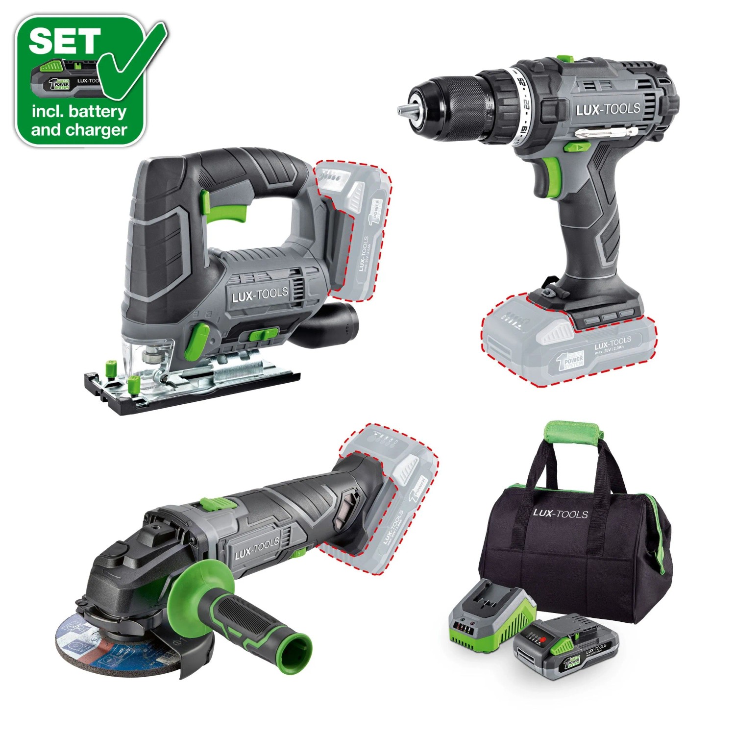LUX-TOOLS Akku-Maschinen-Set 3-in-1 1 PowerSystem