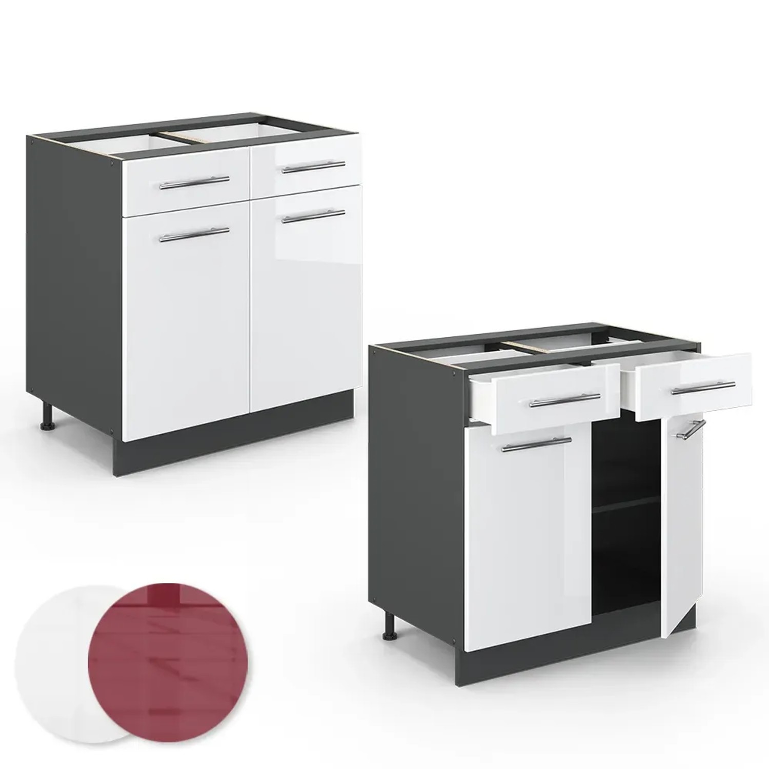 Vicco Küchenunterschrank Fame-Line, 80 cm, Weiß Hochglanz/Anthrazit, mit Schubladen und Türen.