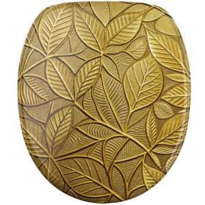 SANILO WC-Sitz Bractea mit Absenkautomatik, goldfarbenes Blattmuster.