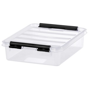 Transparente SmartStore Aufbewahrungsbox Classic 1 l mit Deckel und schwarzen Clips.