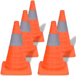 5er Set orangefarbene, aufklappbare Verkehrsleitkegel mit Reflexstreifen, 42 cm hoch.