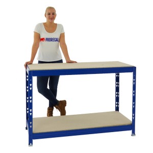 Blaue PROREGAL Werkbank Tiger mit zwei Ablagen, 140x60x90cm, Fachlast 300kg.