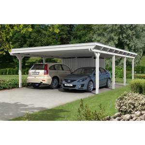 Weißes Skan Holz Doppelcarport aus Leimholz mit zwei geparkten Autos.