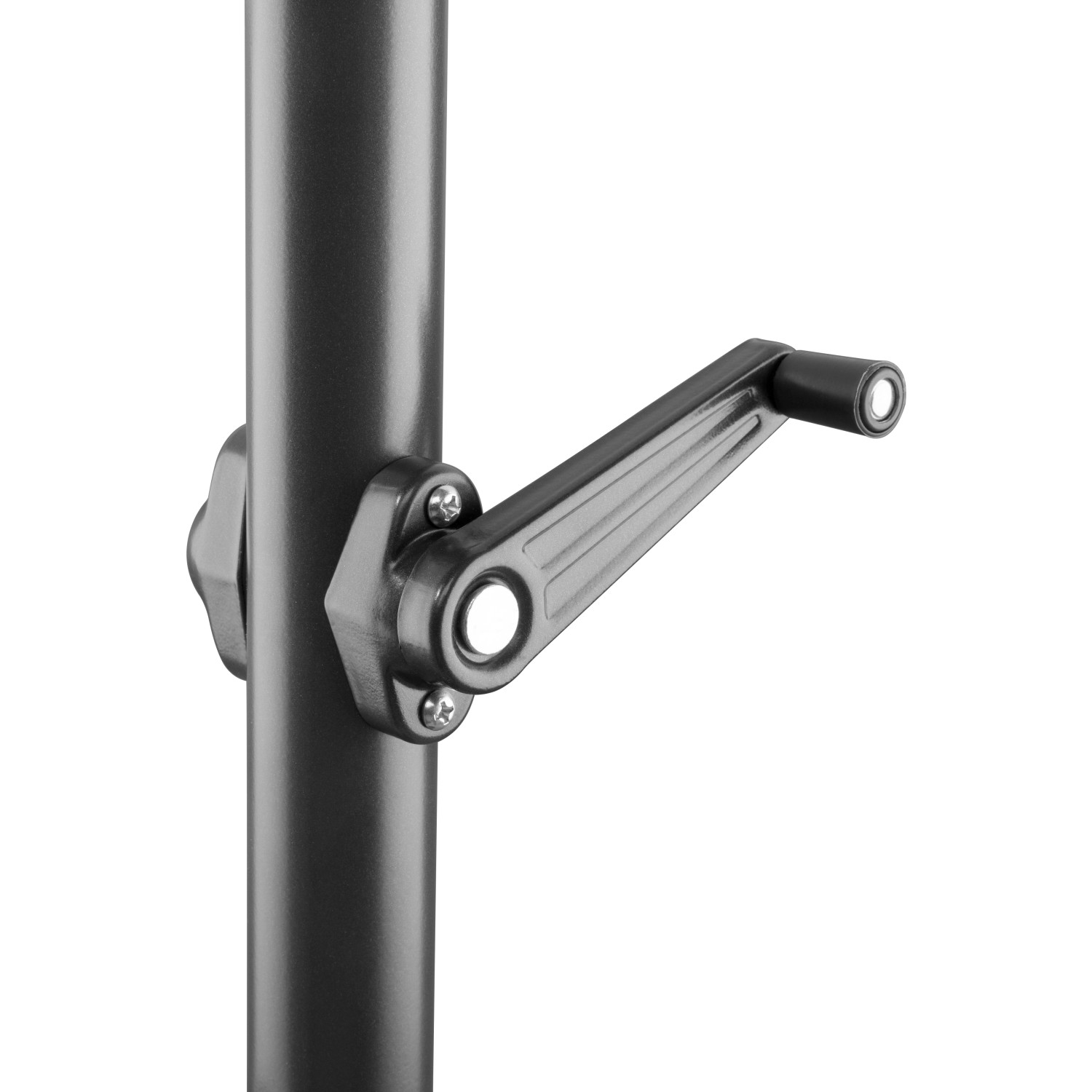 Detailaufnahme: Kurbelmechanismus zum Öffnen des Schneider Marktschirms.