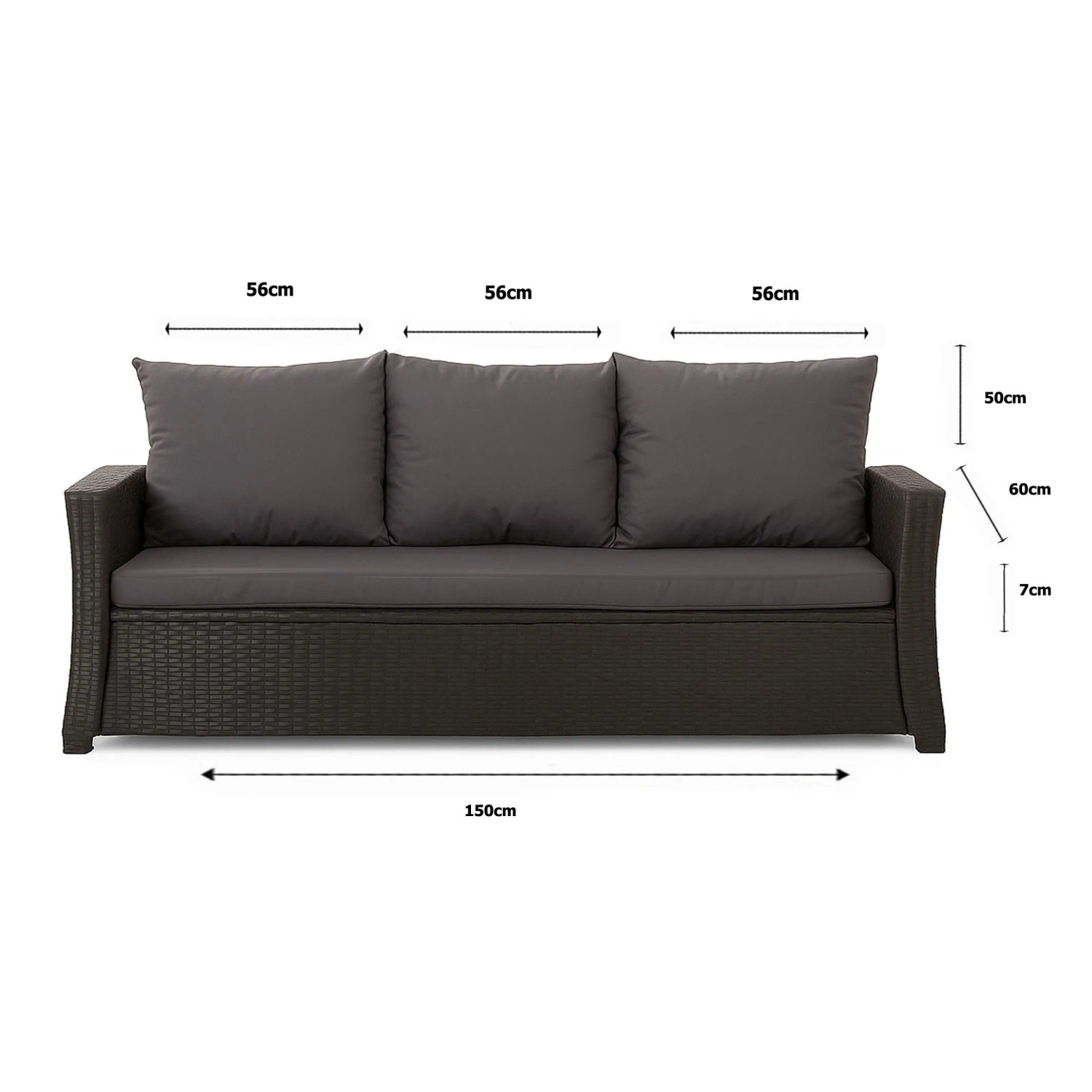 Anthrazitfarbenes Gartenkissen-Set für 3-Sitzer Polyrattan-Gartensofa, 150x60x50 cm.