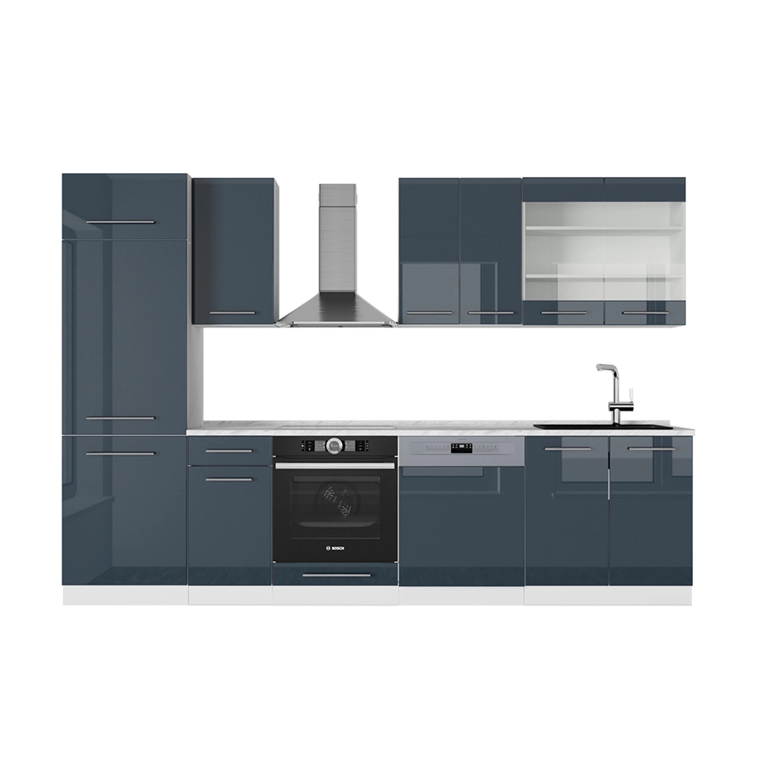 Vicco Fame-Line Küchenzeile Dunkelblau Hochglanz/Weiß 300 cm AP Marmor günstig online kaufen
