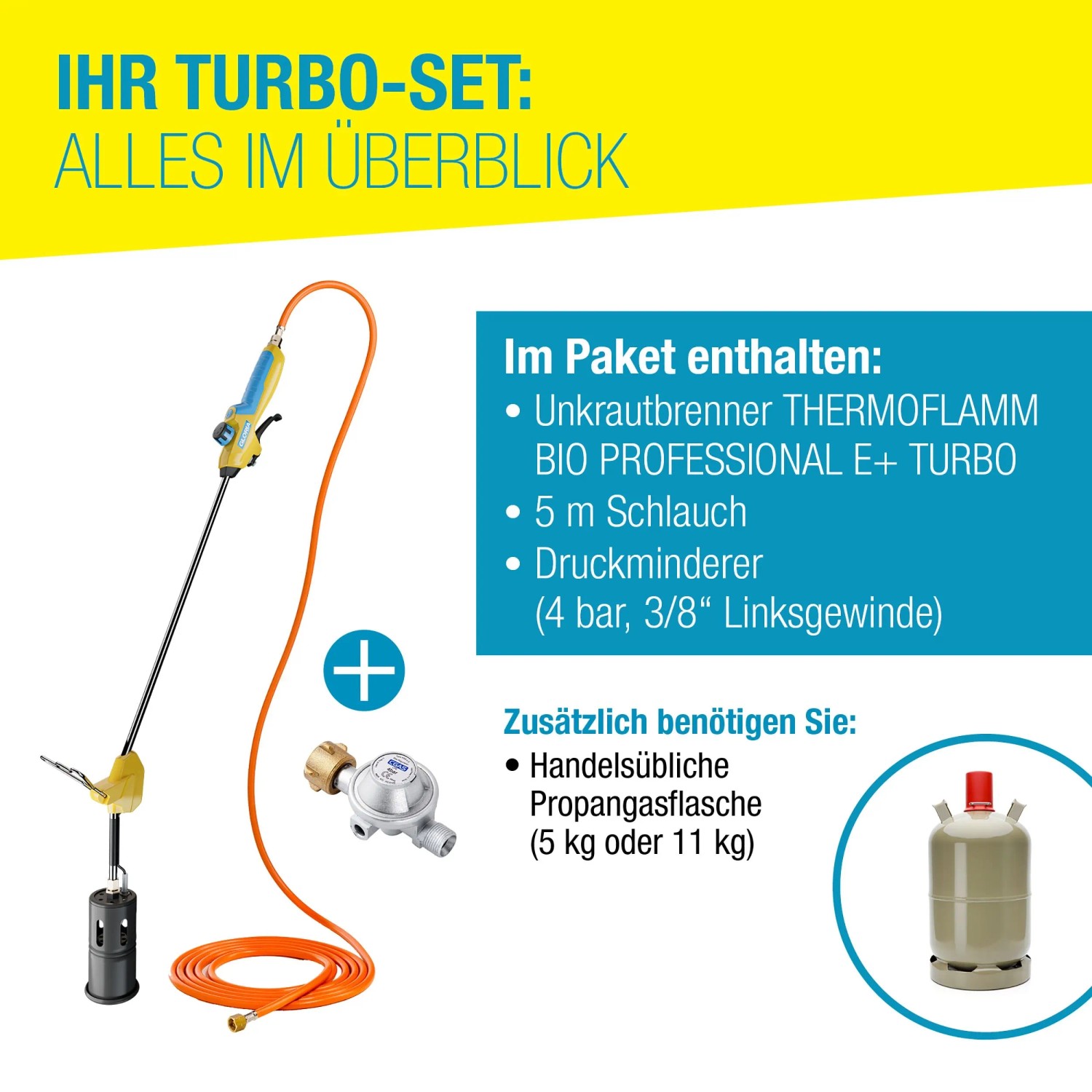 Gloria Thermoflamm bio Professional E+ Turbo Set: Unkrautbrenner mit Schlauch und Druckminderer.