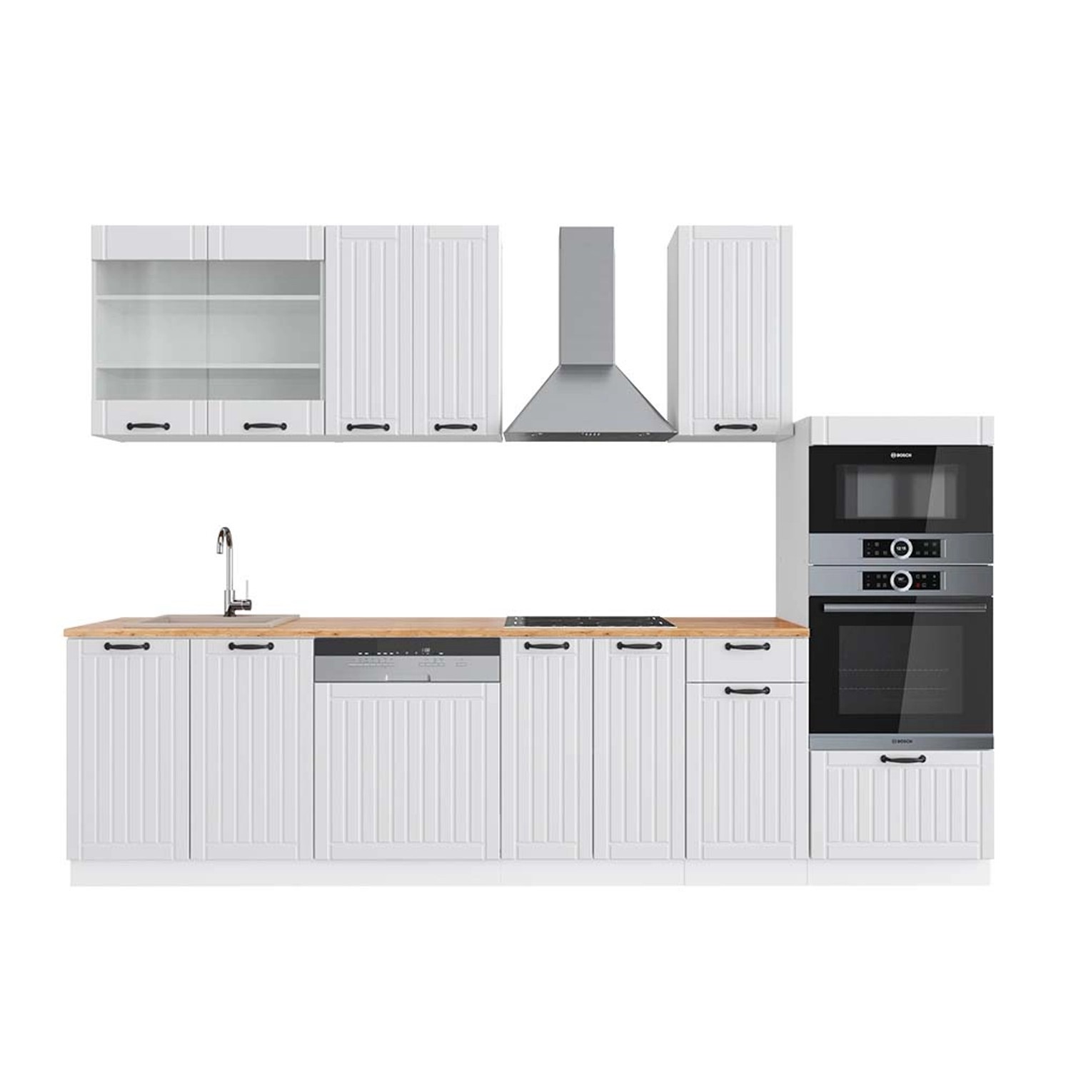 Vicco Fame-Line Küchenzeile Weiß Landhaus/Weiß 300 cm mit HochschrankAP Eic günstig online kaufen