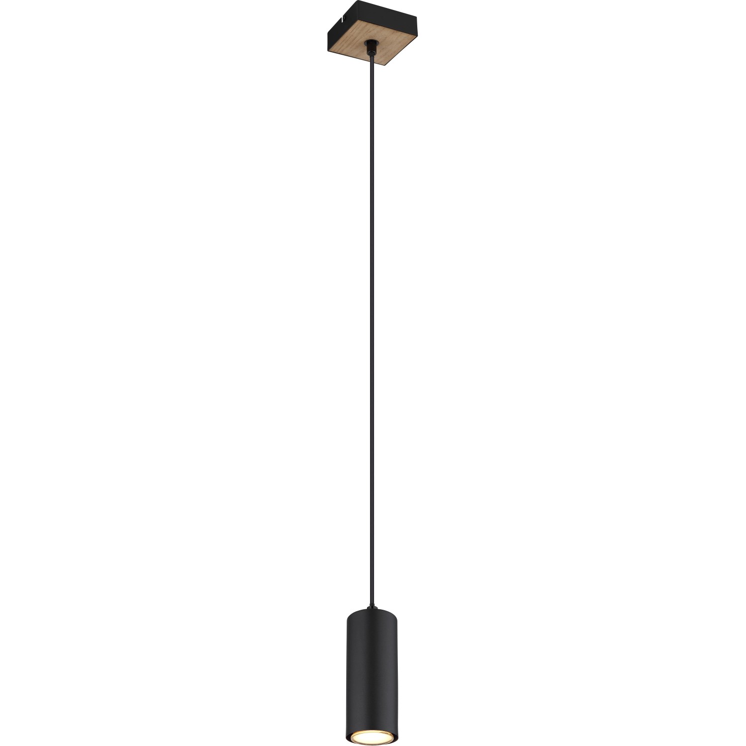 Schwarze, matte Globo Pendelleuchte Robby mit Holz-Deckenhalterung. Moderne Hängeleuchte für GU10 Leuchtmittel.