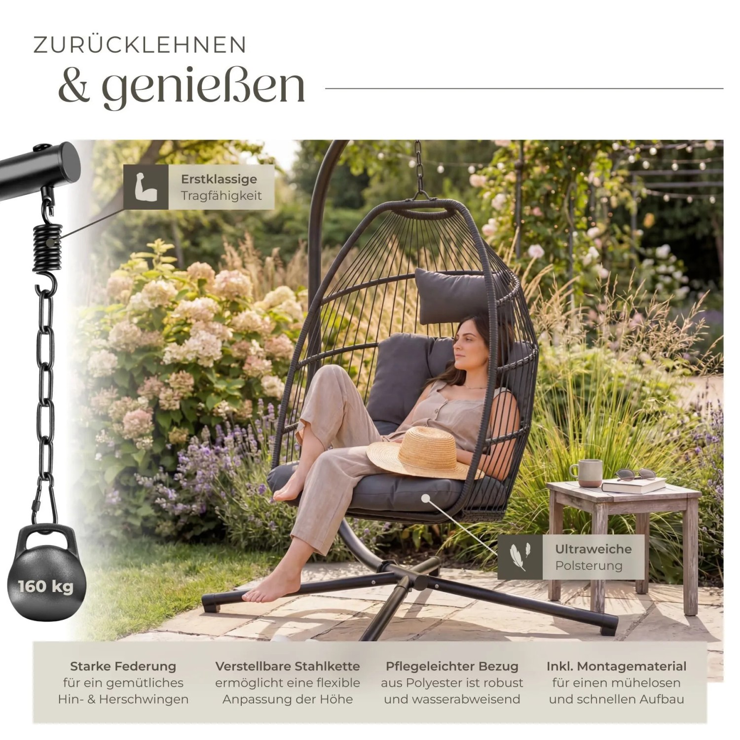 Tectake Hängesessel Ariane Mit Extra Dickem Sitz  und Kopfkissen Stabil  Bodenschonend und Faltbar  107 x 98 x 202 cm Dunkelgrau_4