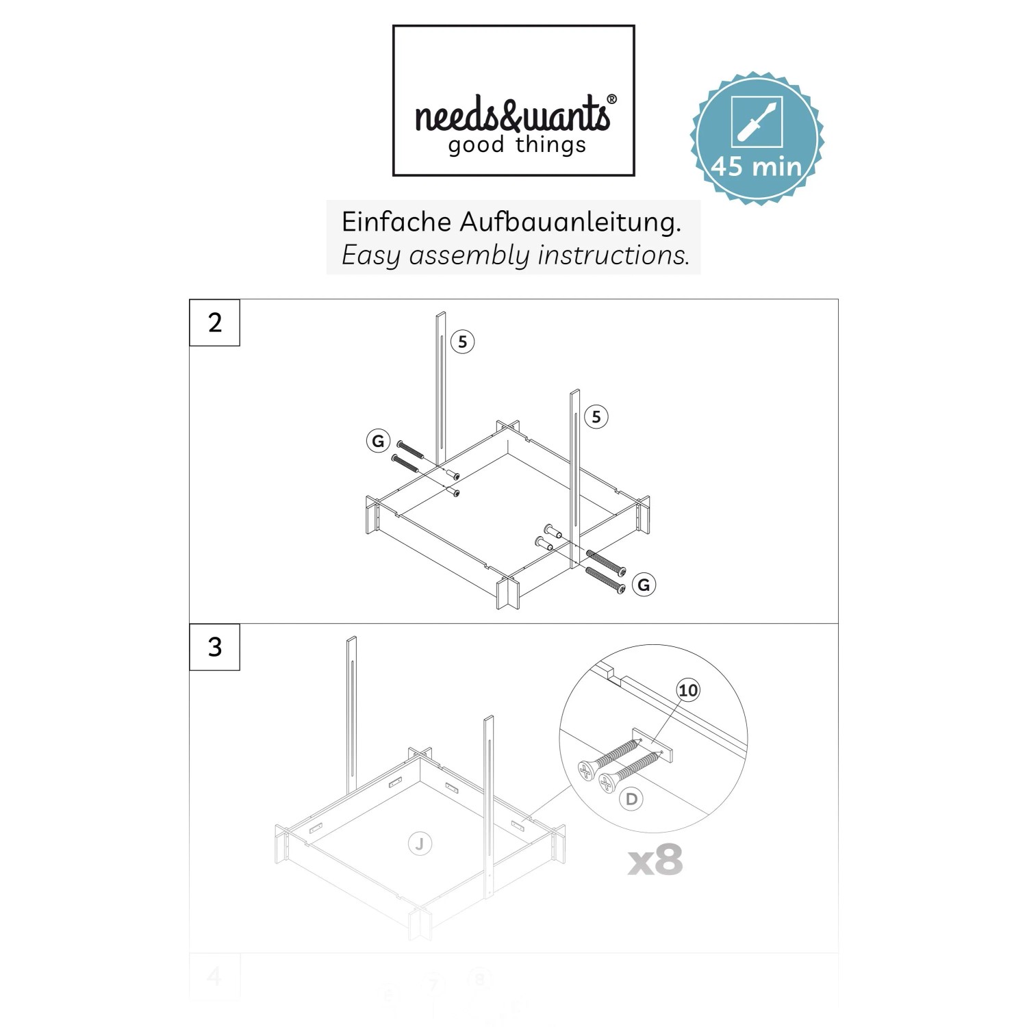 Aufbauanleitung für needs&wants Holz Sandkasten Sunplaya3 mit Dach und Bänken.