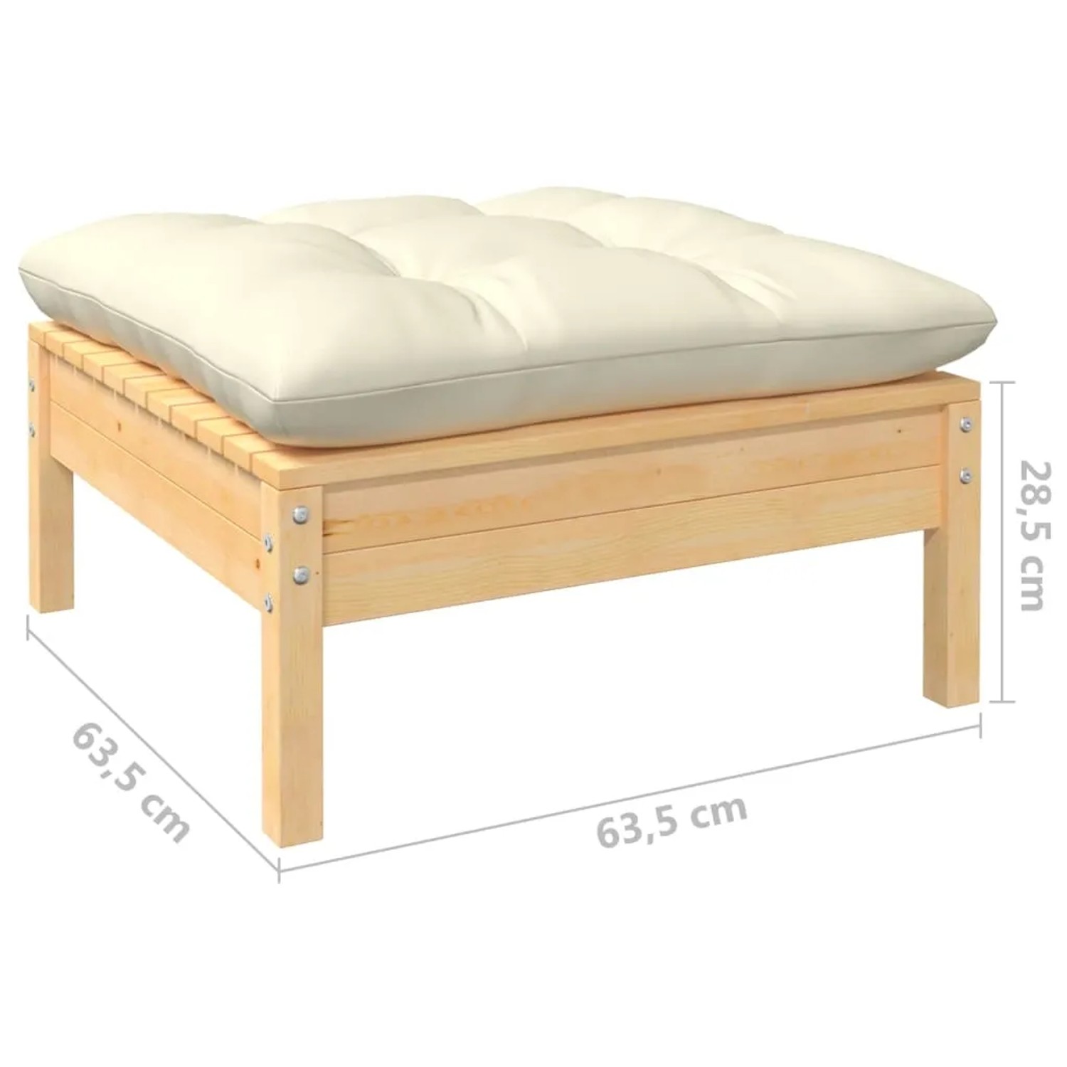 Gartenmöbel: Hocker/Tisch aus Kiefernholz mit creme Kissen, Teil des vidaXL Lounge-Sets.