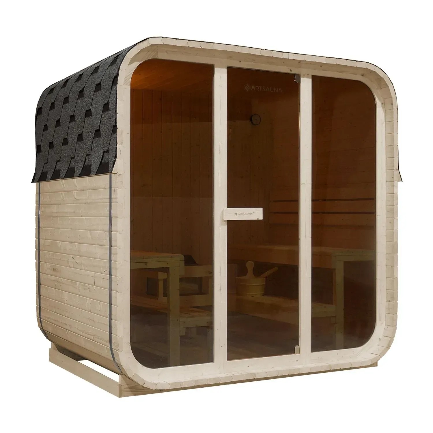 Artsauna Cube Fasssauna Fjora mit Panoramafenster und Dachschindeln.