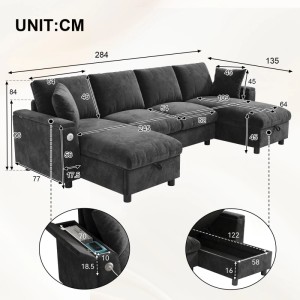Graues Chenille U-Sofa mit USB/Type-C Ladefunktion und integriertem Stauraum. Modernes Sofa für Wohnzimmer.