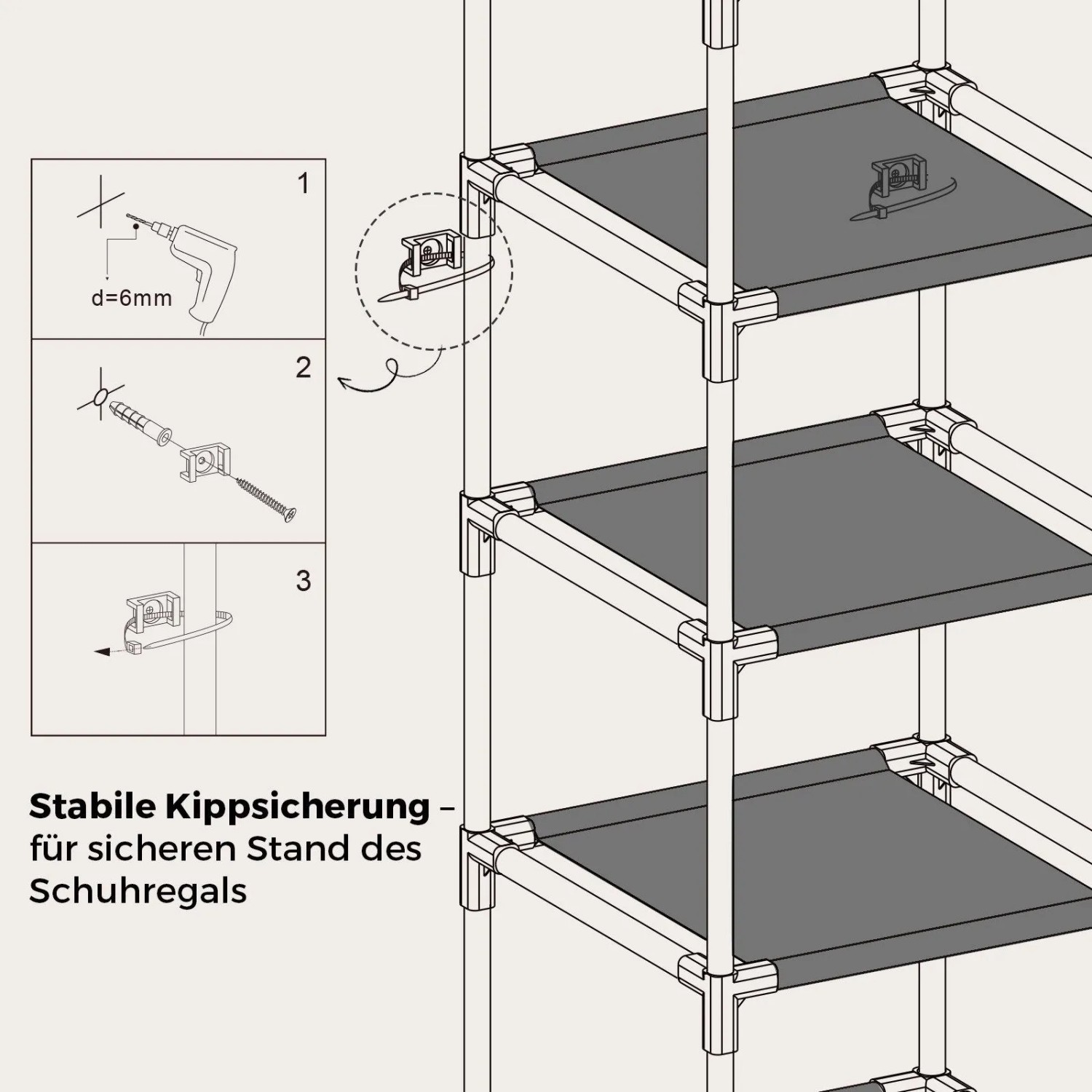 Montage der Kippsicherung für das Sekey Schuhregal. Bohren, Schrauben, Gurtbefestigung für stabilen Stand.