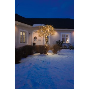 Baum mit Konstsmide Micro LED Lichterkette (800 bernsteinfarbene Dioden) im Garten vor Haus.