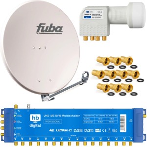 Komplettes hb-digital SAT Anlage Set: hellgraue Fuba 80cm Satellitenschüssel, blauer Multischalter, weißer Quattro LNB, Verbinder. Für 16 Teilnehmer, 4K/UHD.