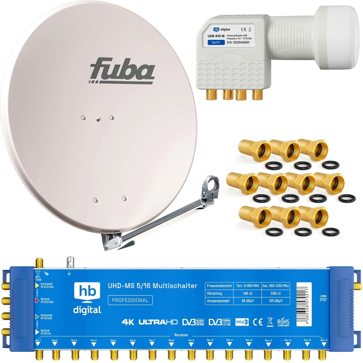 hb-digital SAT Anlage Fuba DAL 800 80cm mit Multischalter MS 5/16 und Quattro LNB Hellgrau