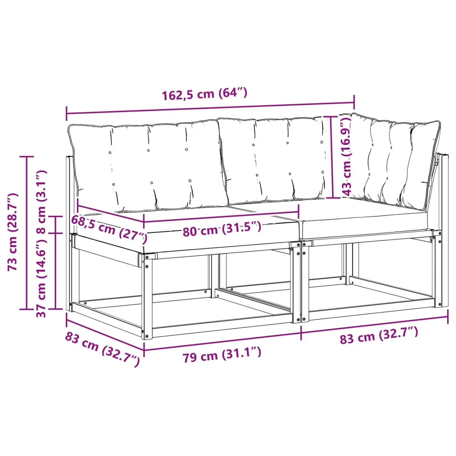 vidaXL Gartensofa Set aus Akazienholz mit Kissen, bestehend aus Mittel- und Eckteil.
