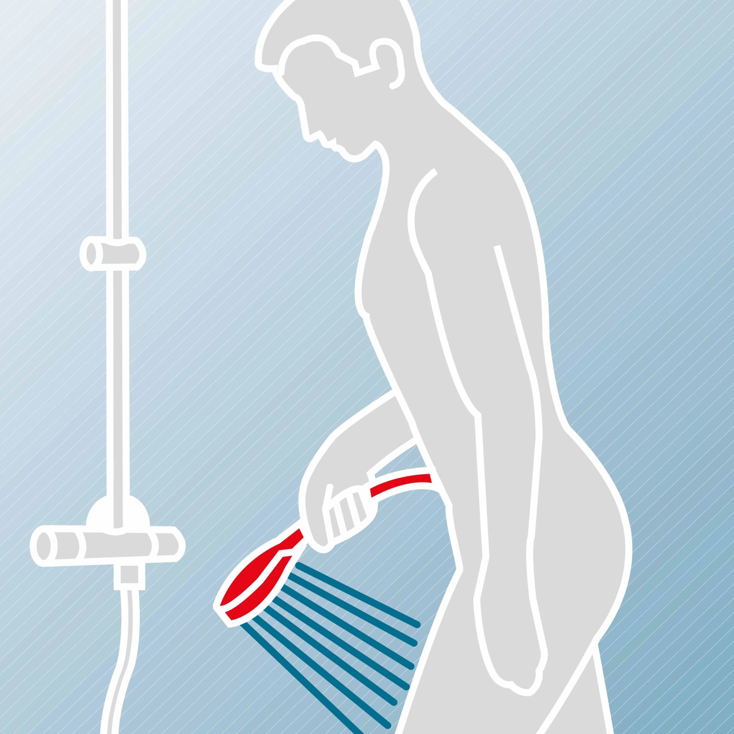 Illustration eines weißen Schulte ExpressPlus Duschsystems mit Handbrause im Einsatz.