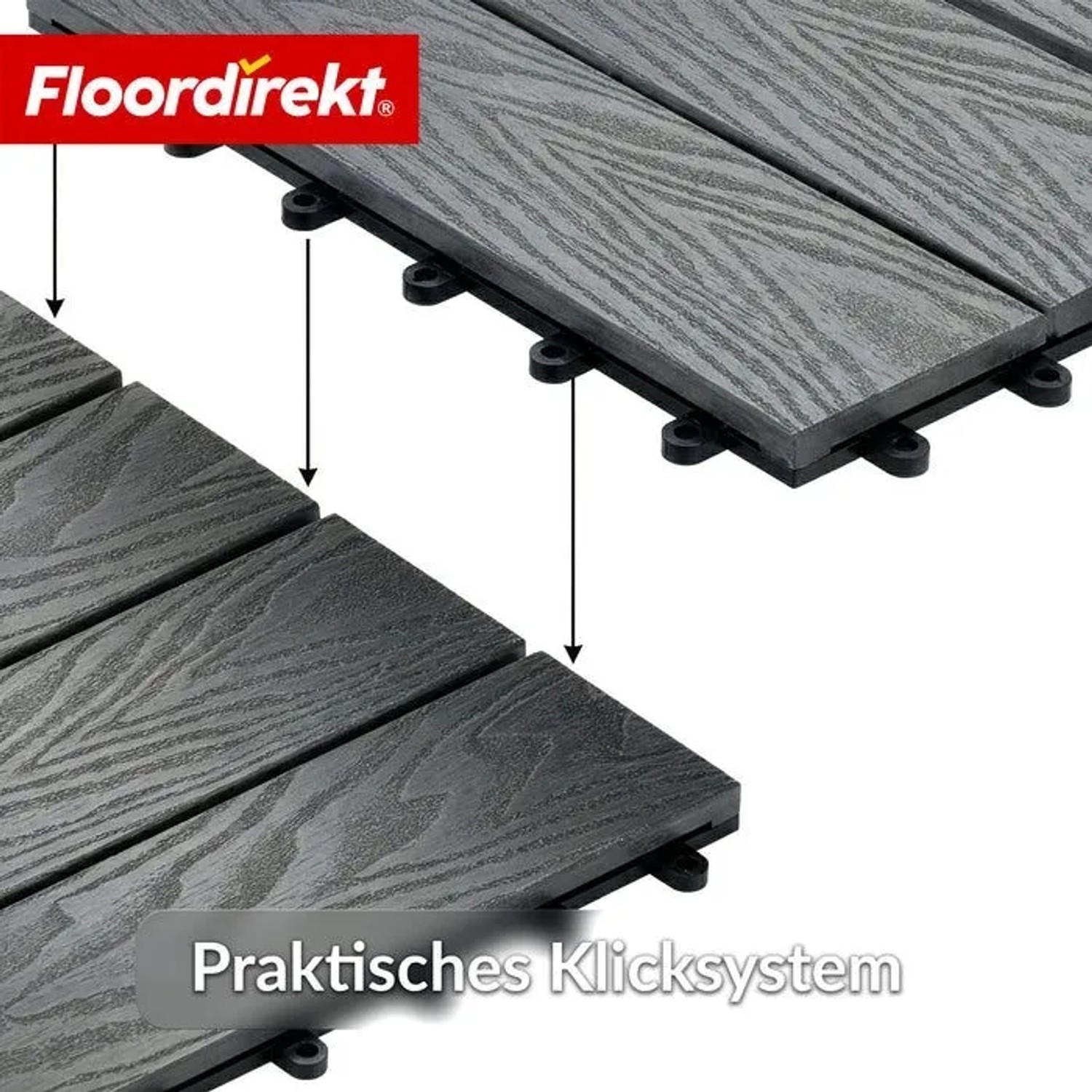 Graue WPC Klickfliesen Noble 3D mit Holzoptik und Klicksystem für Terrasse und Balkon.