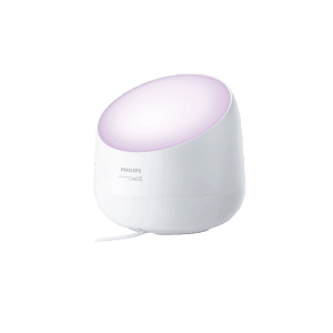 Weiße Philips Smart-LED-Tischleuchte Squire Lite mit lila Wallwashing-Effekt. Minimalistisches Design.