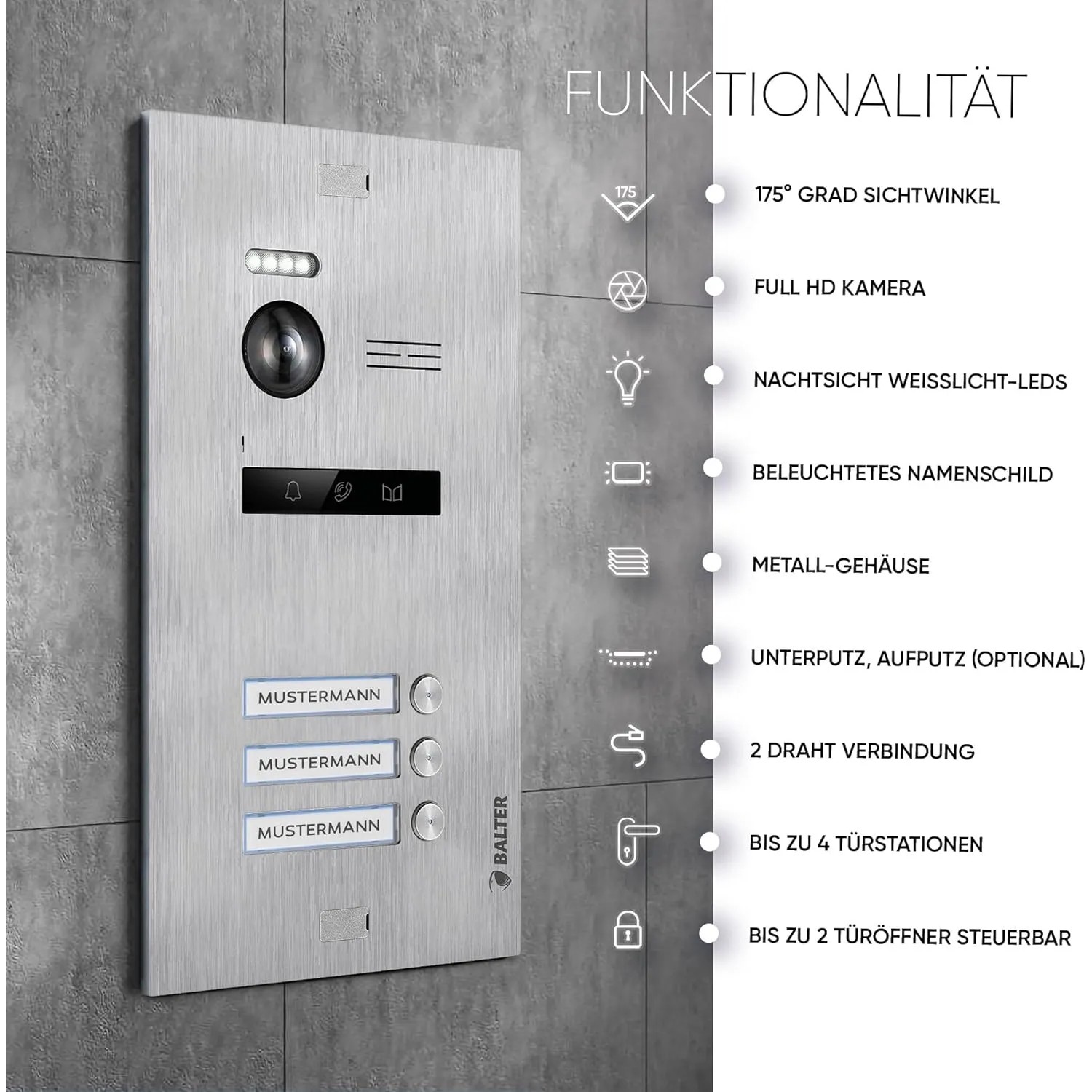 Balter EVO-HD Video-Türsprechanlage für 3-Familienhaus, silber-weiß, mit 3 Monitoren. Türkommunikation für mehr Sicherheit.
