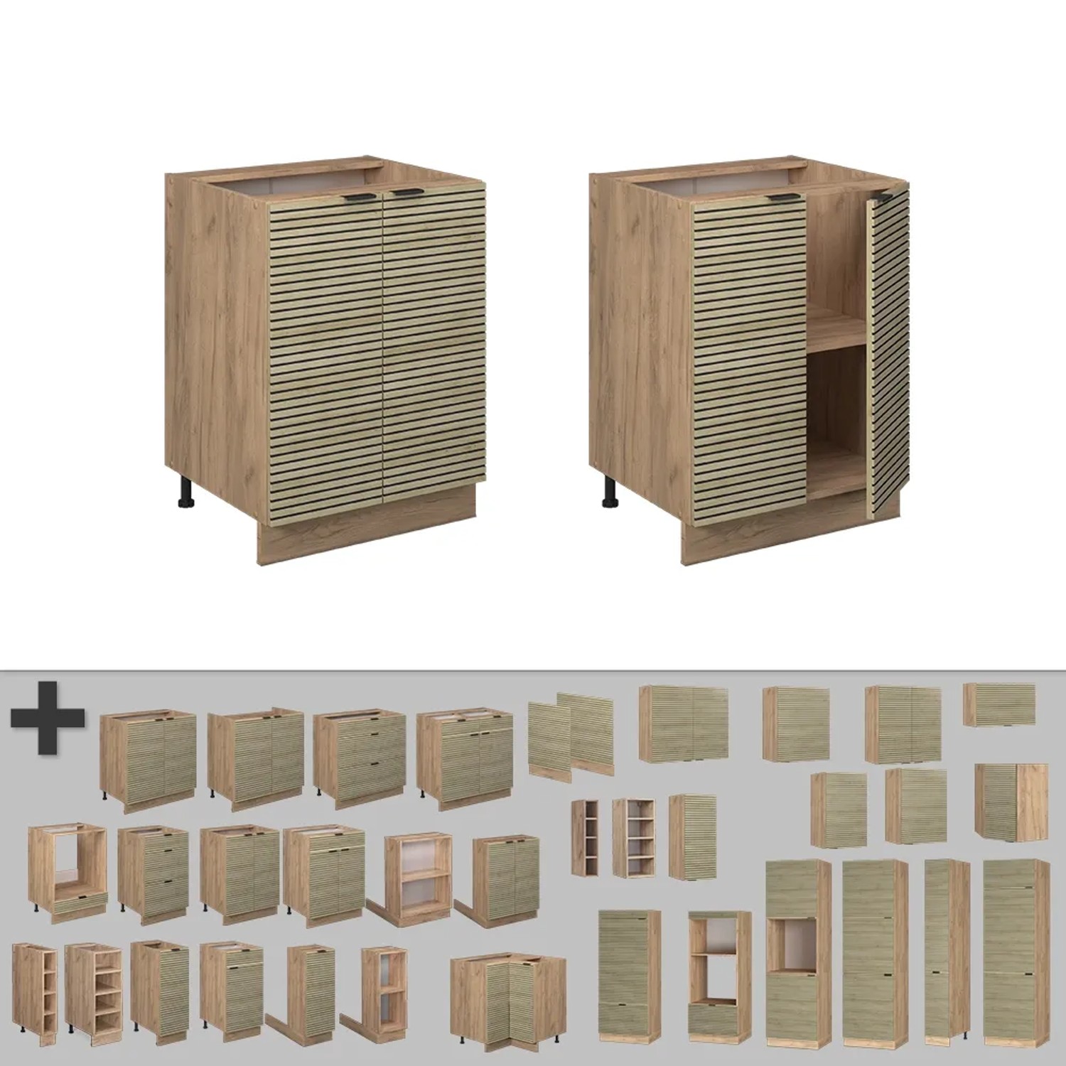 Vicco Küchenunterschrank Fame-Line Eiche Paneel, 60 cm breit. Küchenkommode mit geöffneter Tür und Übersicht weiterer Module.