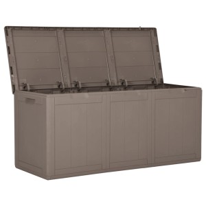 Geöffnete, braune VidaXL Garten-Aufbewahrungsbox (270 L) aus PP Rattan.