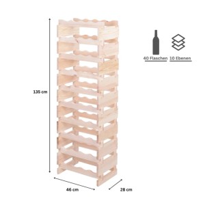 Weinregal VINOTECA FLEX PRO aus Kiefernholz, unbehandelt, für 40 Flaschen auf 10 Ebenen. Maße: 135x46x28cm.