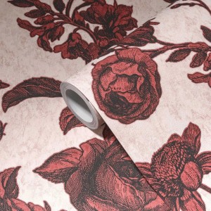 Rote Vliestapete mit Rosen im Vintage-Stil für Wohn- und Schlafzimmer.