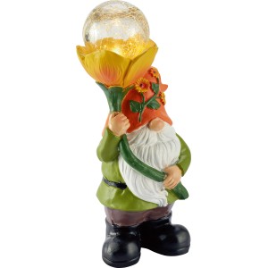 Orange LED Solar-Dekoleuchte Zwerg mit Glaskugel, 24cm hoch. Garten Deko.