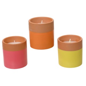 Citronella Kerzen im Keramikbecher, 3-fach sortiert in Gelb, Orange und Pink.