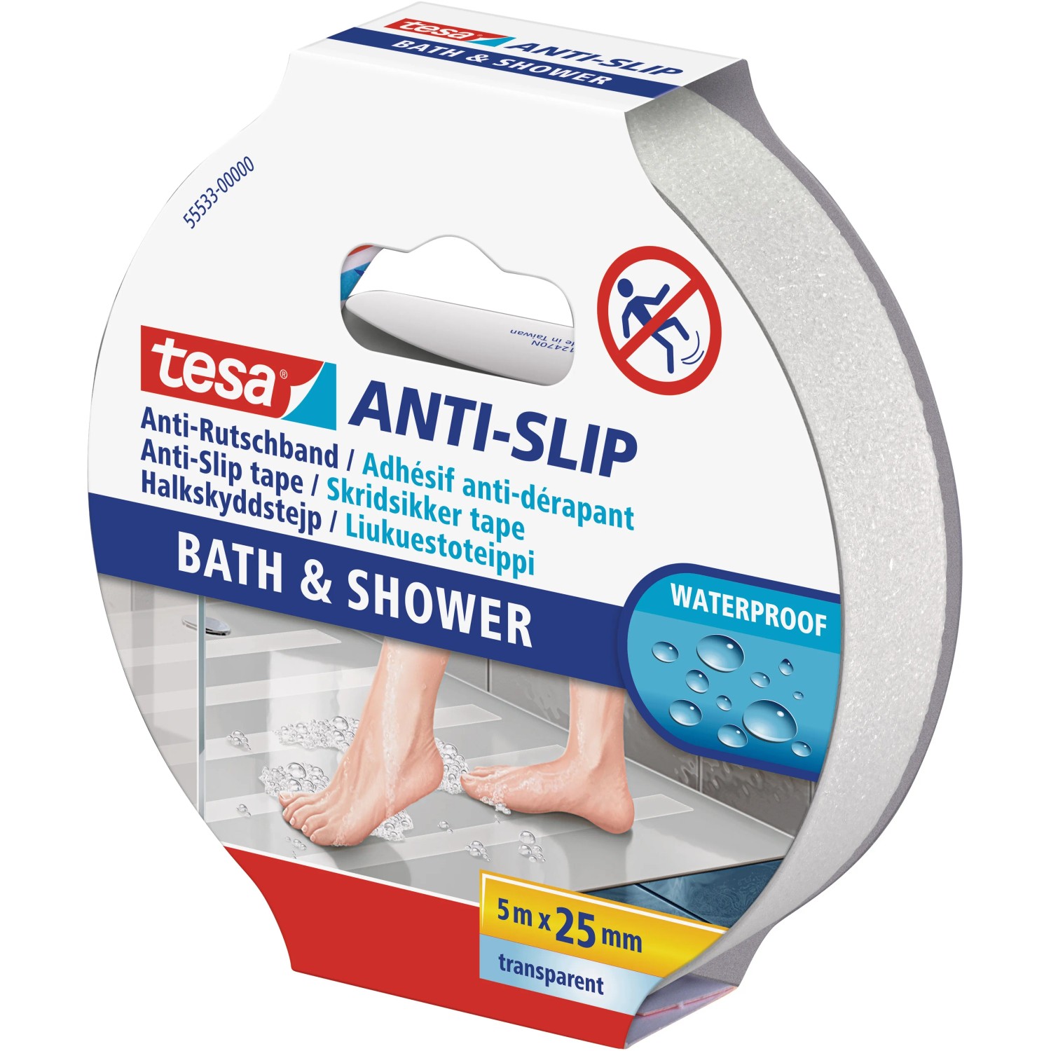 Tesa Anti-Rutschband für Bad und Dusche, transparent, 5m x 25mm. Rutschhemmende Wanneneinlage für mehr Sicherheit.