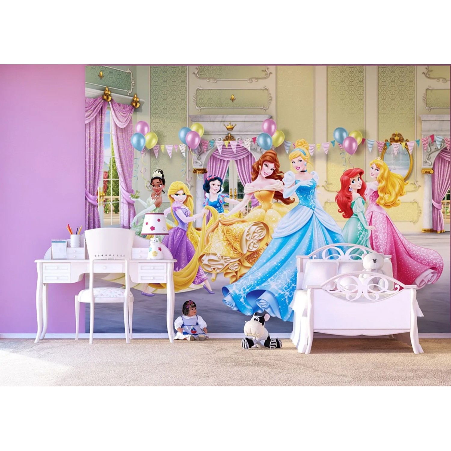 Disney Prinzessinnen Fototapete in Gelb, Blau und Grün, 360x270 cm für das Kinderzimmer.
