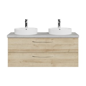 Pelipal Doppelwaschtisch-Set Serie 4035 in Riviera Eiche/Hellgrau mit zwei Aufsatzbecken und Unterschrank.