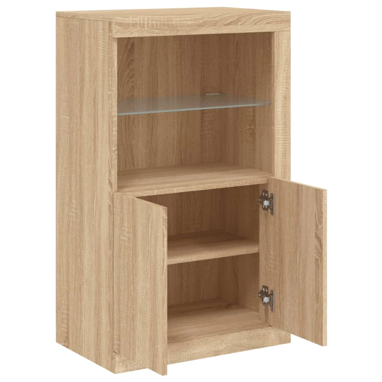 Beistellschrank Sonoma-Eiche mit LED, Büroschrank mit Glastablage und offenen Türen.