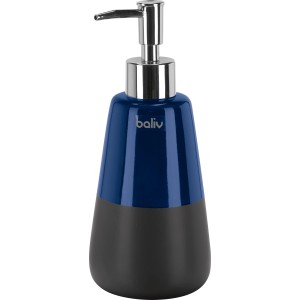 baliv Seifenspender aus Keramik in Schwarz und Blau mit silbernem Pumpkopf.