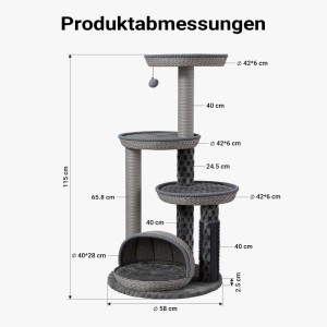 Grauer Katzenkratzbaum, 115 cm hoch, mit 3 Liegeflächen, Höhle, Papierseil-Stämmen und Spielball. Maße 115x58 cm.