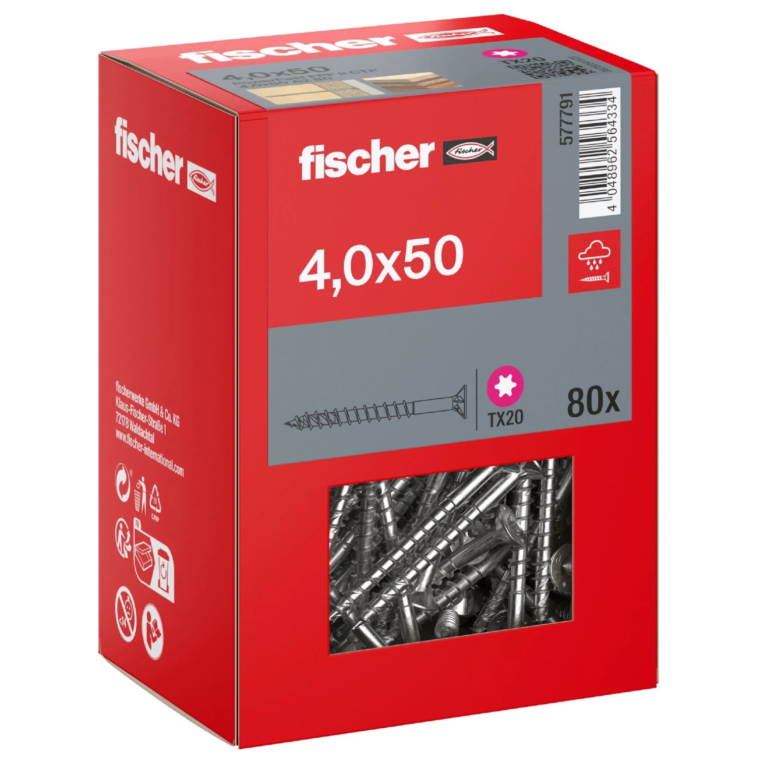 Fischer Schraube PowerFast II A2 Senkkopf TX Teilgewinde Ø 4 x 50 mm 80 Stk