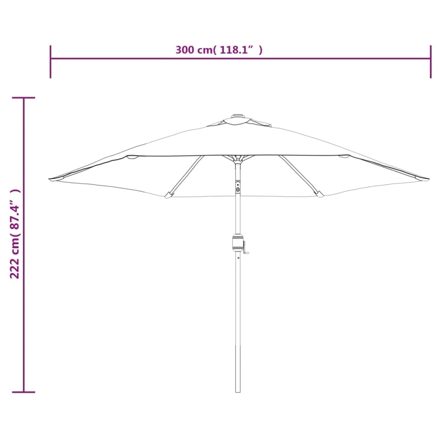 Skizze furnicato Sonnenschirm, 300cm, schwarz, mit Maßen. Balkonschirm mit Metallmast.