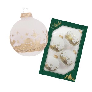 Krebs Glas Lauscha Weihnachtsbaumkugeln Bethlehem 4er-Set, weiße Kugeln mit Golddekor.
