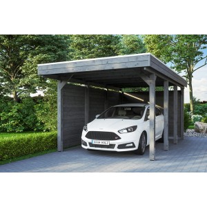 Carport Friesland Set 1 in Schiefergrau mit Auto. Einzelcarport aus Holz mit Aluminiumdach.